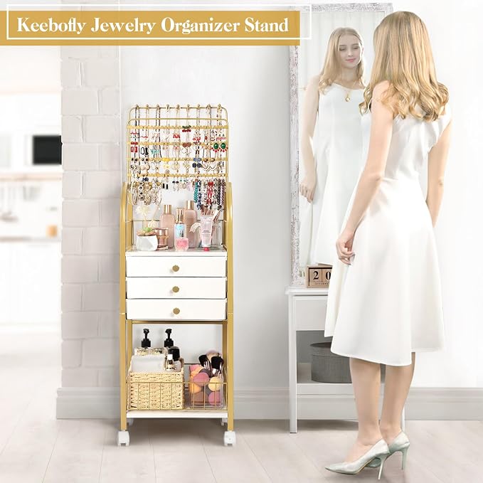 Keebofly Large Floor Jewelry Organizer Stand with 3 Drawers - Gold | Mobile Jewelry Tower Holder with Display, Large Capacity Rack for Necklaces & Rings, Perfect Storage Gift for Women