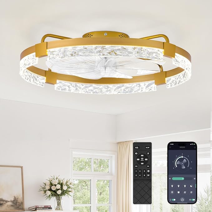 LEDIARY 24 Inch Low Profile Ceiling Fans with Lights and Remote, Flush Mount Fandelier Ceiling Fan, 3000K-6000K Dimmable LED Fan Light, Gold Modern Ceiling Fans with Lights for Bedroom