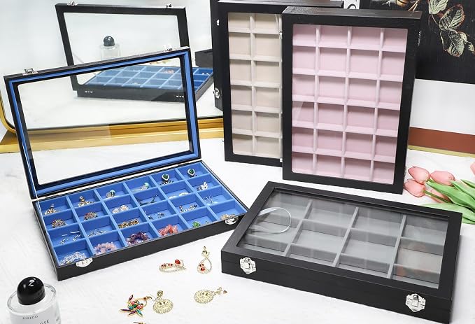 Stratalife 24 Grid Earring Organizer, Jewelry Holder Organizer with Lid | PU Leather Storage Box for Earring, Ring, Studs and Trinkets, Soft Velvet Drawer Organizer for Women, Dustproof, Pink Black