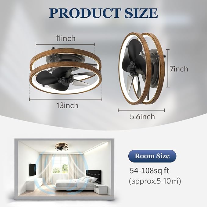 13 Inch Small Ceiling Fan with Light and Remote, Low Profile Flush Mount Fandelier, Dimmable 3CCT Quiet LED Ceiling Fans for Bedroom, Wooden Black