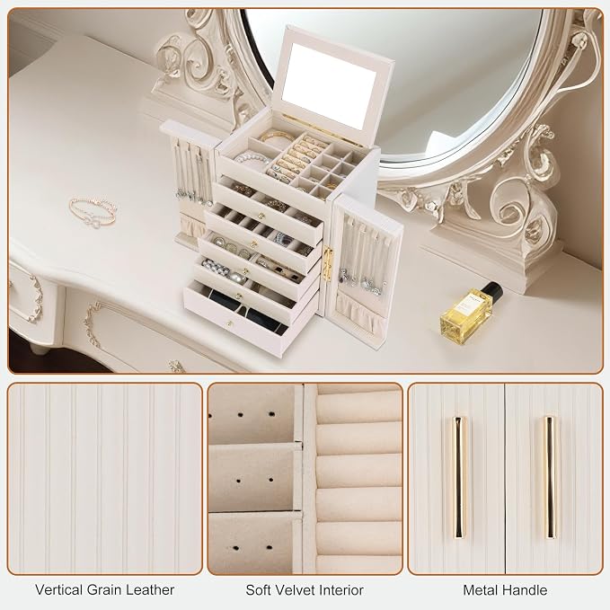 Dajasan Large Jewelry Organizer Box, Jewelry Boxes for Women Girls, 6-Tier Jewelry Storage Organizer with Mirror for Necklace Ring Bracelet Watch, Gift Idea (Beige)