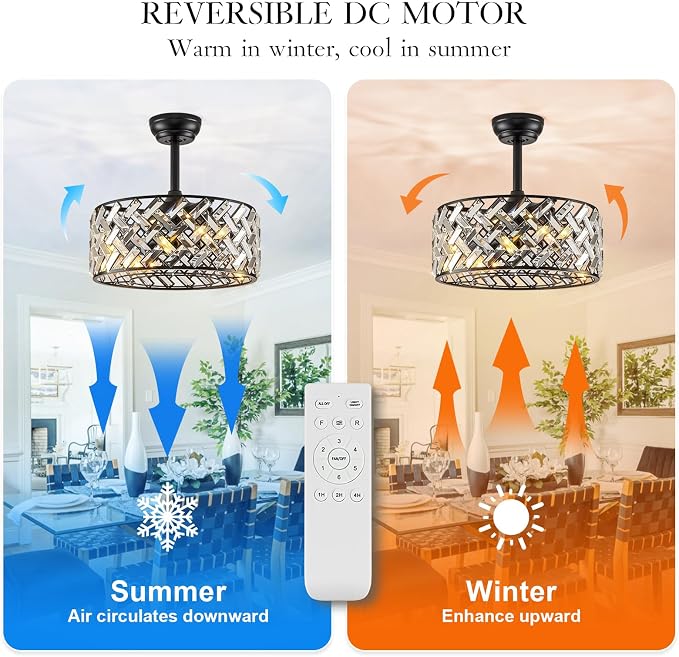Modern Caged Ceiling Fan with Light Crystal Fandelier with Remote Control 18” Black Flush Mount Ceiling Fan DC Motor with Reversible 8 Blades 6 Speeds for Bedroom Dining Room Kitchen
