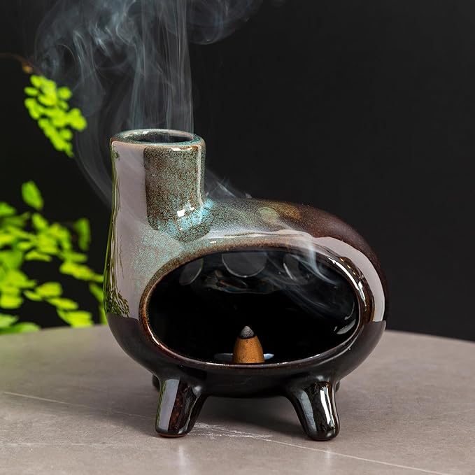 MOUGIGI Handcrafted Ceramic Palo Santo Holder Burner with Green Glaze - Modern Footed Pottery Incense Chimney Dish - Great for Meditation - Wood Sticks, Sage, Ash Catcher Bowl, Cone Compatible.