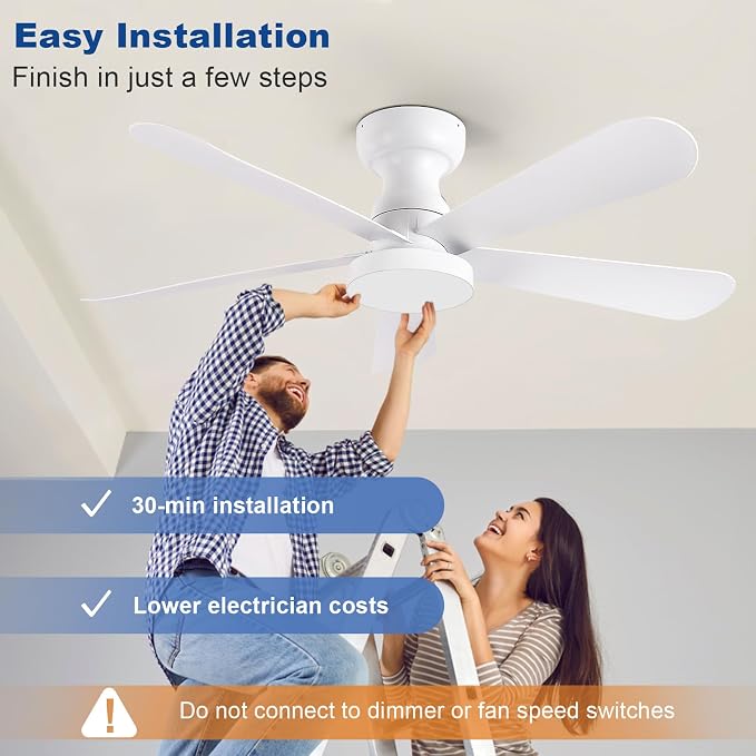 Depuley Small Ceiling Fan with Lights: 42-Inch Flush Mount Fan with Light and Remote - White Low Profile Ceiling Fans Reversible Quiet DC Motor for Bedroom Living Room Indoor Outdoor
