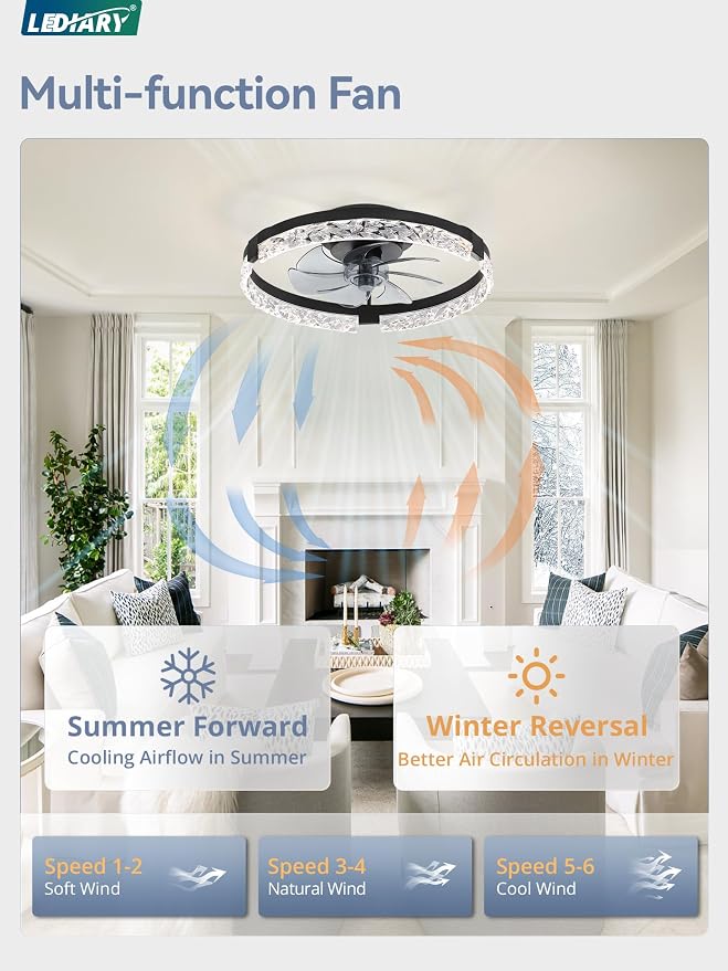 LEDIARY 20 Inch Low Profile Ceiling Fans with Lights and Remote, Fandelier Ceiling Fan Flush Mount, 3000K-6000K Dimmable LED Fan Light, Black Modern Ceiling Fans with Lights for Bedroom