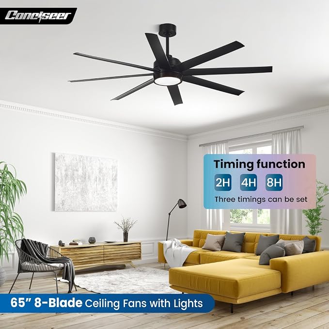 Modern Ceiling Fans with Lights, 65 Inch Ceiling Fan with Light and Remote for Bedroom Living Room Kitchen Office, Indoor/Outdoor Use, 24W 6CCT 8 Blades 6 Speed Reversible Quiet DC Motor, Black