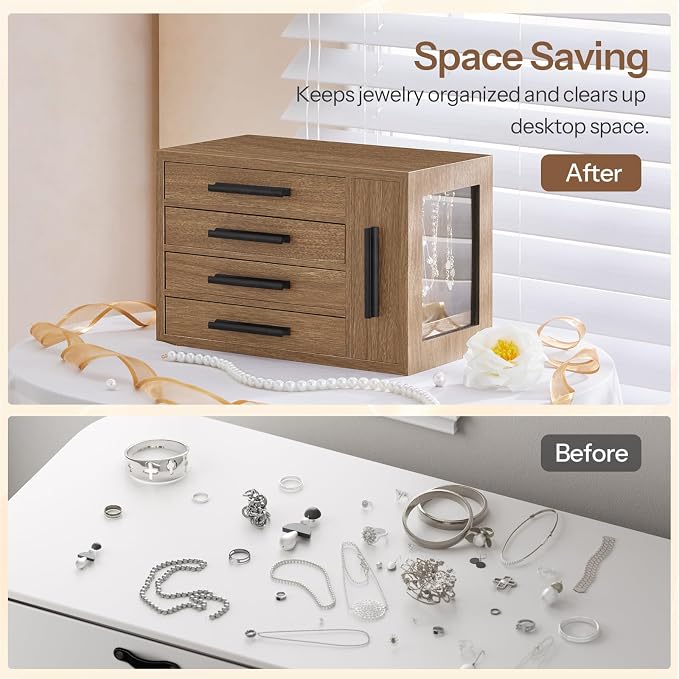 HOOBRO Jewelry Box for Women, Wooden Jewelry Organizer with Transparent Window, 4-Layer Jewelry Organizer Box, Jewelry Holder Organizer for Earrings, Necklaces, Rings, Light Walnut and Black BSD09JB04