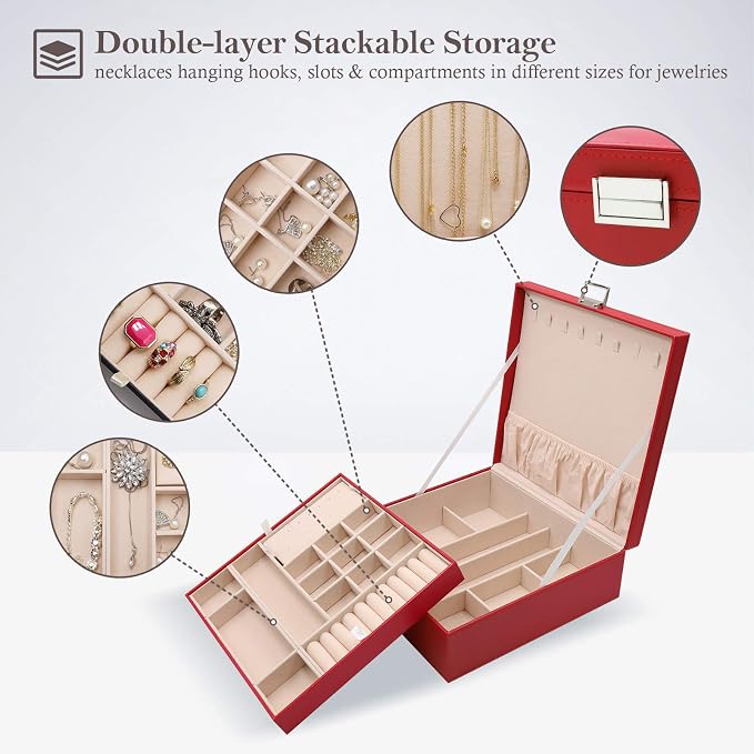 ProCase 2 Layers Jewelry Box for Women -Red | Large Leather Jewelry Organizer Storage Case with Removable Pad for Earrings