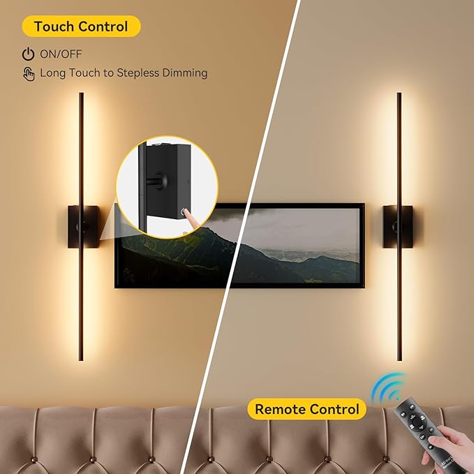 Ouyulong Battery Operated Wall Sconces Set of 2, 10000mAh Wireless Rechargeable 3000-6000K Dimmable 350° Rotate Wall Light with Remote for Living Room, Bedroom 31.6in Black