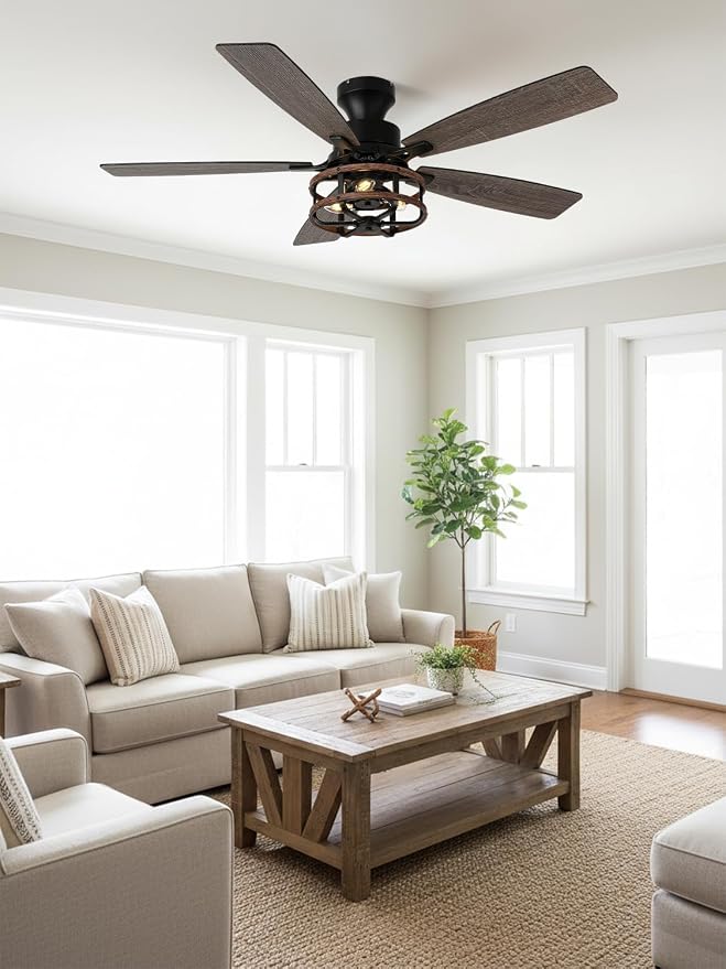 52 Inch Flush Mount Farmhouse Ceiling Fan with Light and Remote Control | 5 Reversible Blades Low Profile Ceiling Fans with 3-Light 6 Speeds 3 Timing for Living Room Bedroom Kitche