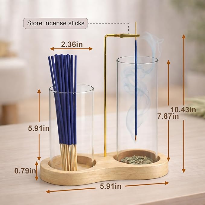 2-in-1 Incense Holder with Glass Ash Catcher & Stick Storage, Wooden Incense Burner for Relaxation, Stress Relief, Mess-Free Home Use, Self-Care, Meditation, Yoga, Bedroom & Living Room (Natural)