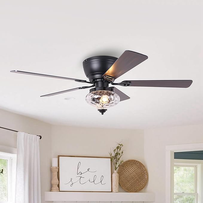 Farmhouse Flush Mount Ceiling Fans with Lights and Remote, 52 Inch 6-Speed Reversible Motor Quiet Ceiling Fan, Low Profile Ceiling Fan with Lights for Living Room Bedroom, Timer
