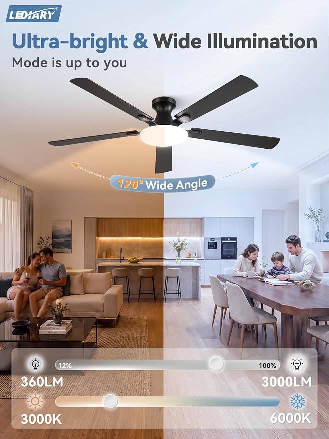 LEDIARY 60 Inch Flush Mount Ceiling Fans with Lights, Remote & APP Control | Bright Light, 3CCT, Memory Function, Timer, Reversible Blades, Quiet DC Motor, Damp-Rated, Living Room, Covered Patio, Adult