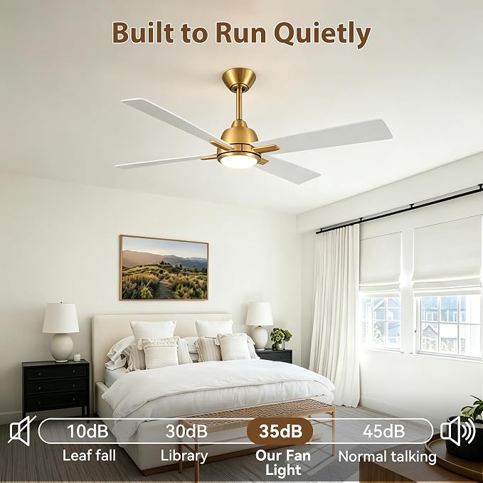 48" Modern White & Gold Ceiling Fan with LED Light and Remote Control, Quiet Reversible DC Motor, 6-Speed Indoor Ceiling Fan for Bedroom, Living Room, Dining Room