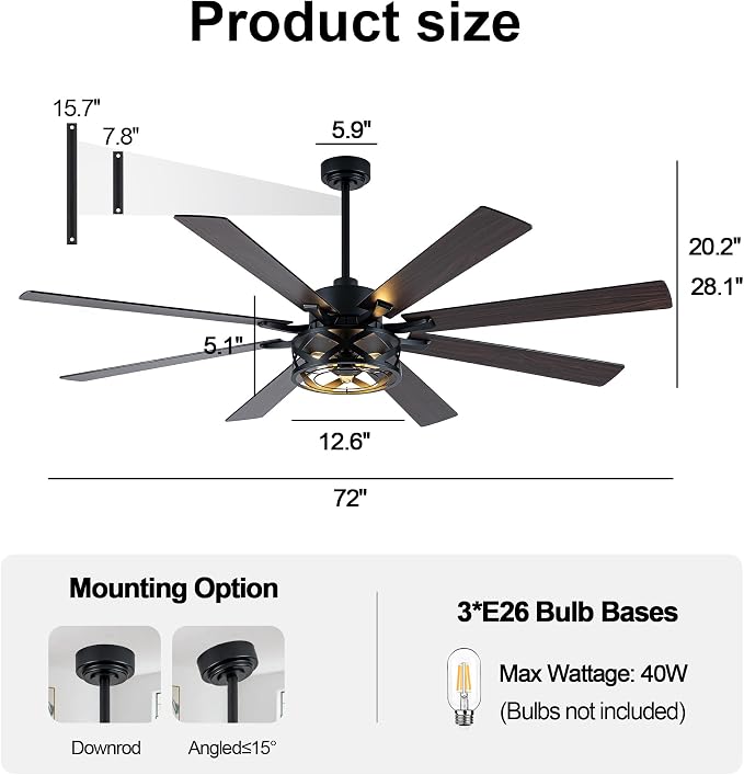 72" Farmhouse Ceiling Fan with Lights and Remote Rustic Fandelier | Black Caged Ceiling Fan Industrial Chandelier, for Living Room Garage, 3 E26 Bulbs (Not Included) Reversible DC Motor 6 Speed
