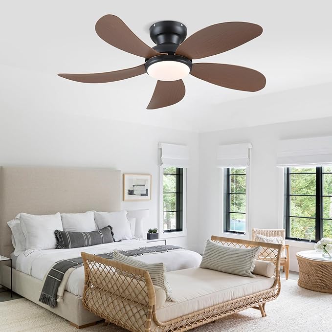 PHORUS 42" Brown Modern Low Profile Ceiling Fans with Lights and Remote | Super Large Airflow with 6 Wind Speeds, Reversible, Dimmable 3 CCT LED, 30W Noiseless DC Motor,Timer, for Bedroom Kitchen