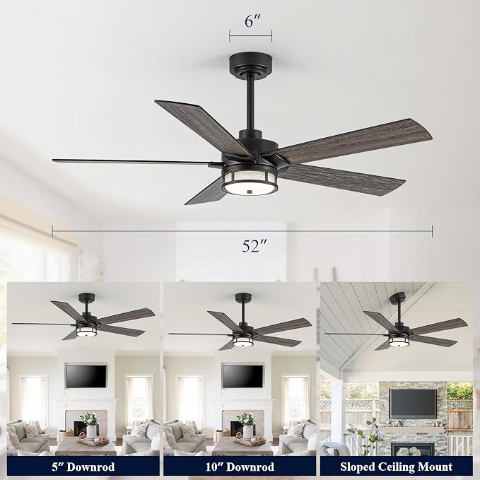 NORFOLK 52 Inch Outdoor Waterproof Ceiling Fans with Lights, Rustic Ceiling Fan and Remote for patios, Wet Rated 3 Color LED Lighting for Patios, Gazebos and Farmhouse