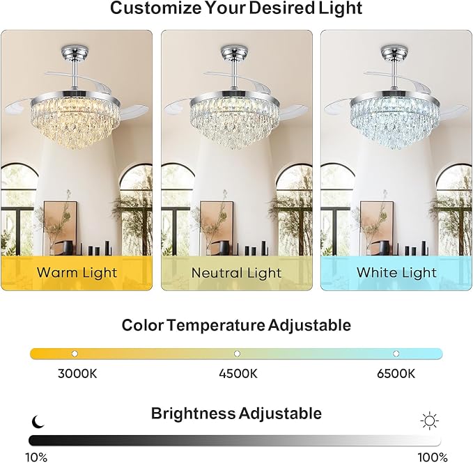 42'' Chandelier Ceiling Fan with Lights, Retractable Fan with Remote and APP, Crystal Fandelier Ceiling Fan, Dimmable LED, Reversible Motor, Quiet for Bedroom Living Room-Chrome