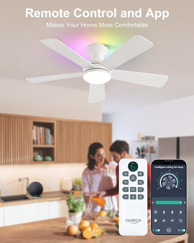 42 Inch Ceiling Fans with Lights, RGB Ceiling Fan with Light, App&Remote Control, Flush Mount Low Profile, Reversible, 3CCT, Dimmable LED, Noiseless, White Ceiling Fan for Bedroom