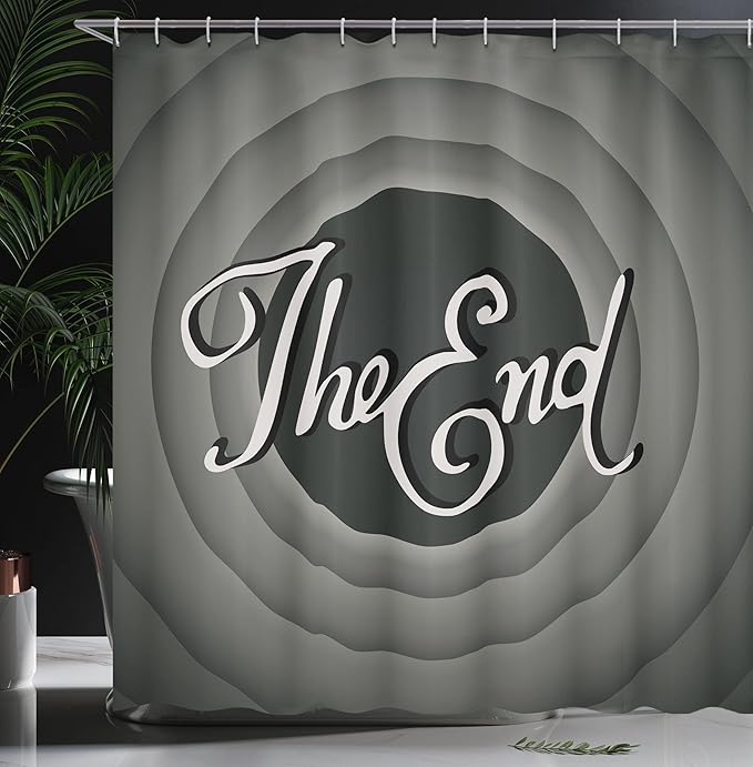 Ambesonne 1950s Shower Curtain, Vintage Movie Ending Screen Camera Hollywood Industry Film and Television, Cloth Fabric Bathroom Decor Set with Hooks, 69" W x 70" L, Grey Green