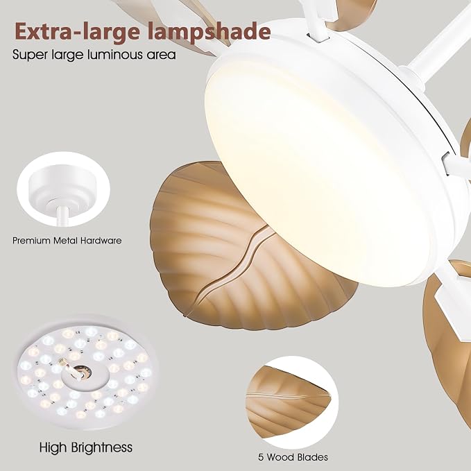 GJeg Tropical Ceiling Fans with Lights and Remote,52Inch Outdoor Palm Leaf Ceiling Fan for Patios Porch Bedroom, Dimmable LED Light, 6 Speeds, Reversible,Light Brown