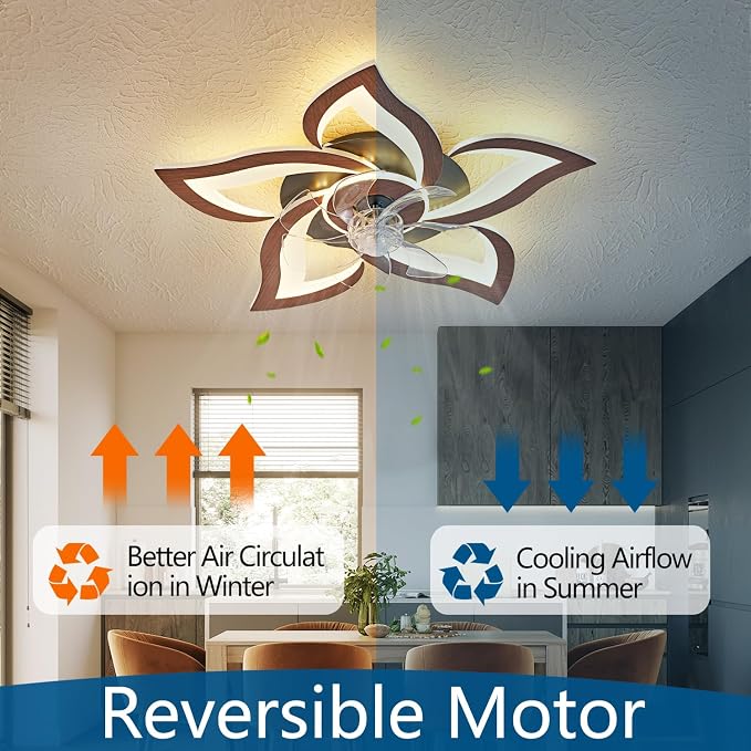 Dalouguan 24" Ceiling Fan with Lights Remote Control, Wooden Geometric 6 Speeds 3 Light Color Low Profile Flush Mount Ceiling Fan for Kitchen Bedroom