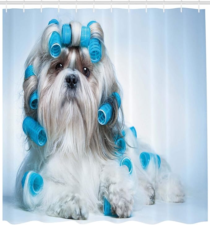 Ambesonne Dog Lover Shower Curtain, Shih Tzu Dog Grooming Hairstyle Salon Front View Closeup Studio Shot, Cloth Fabric Bathroom Decor Set with Hooks, 69" W x 75" L, Pale Blue