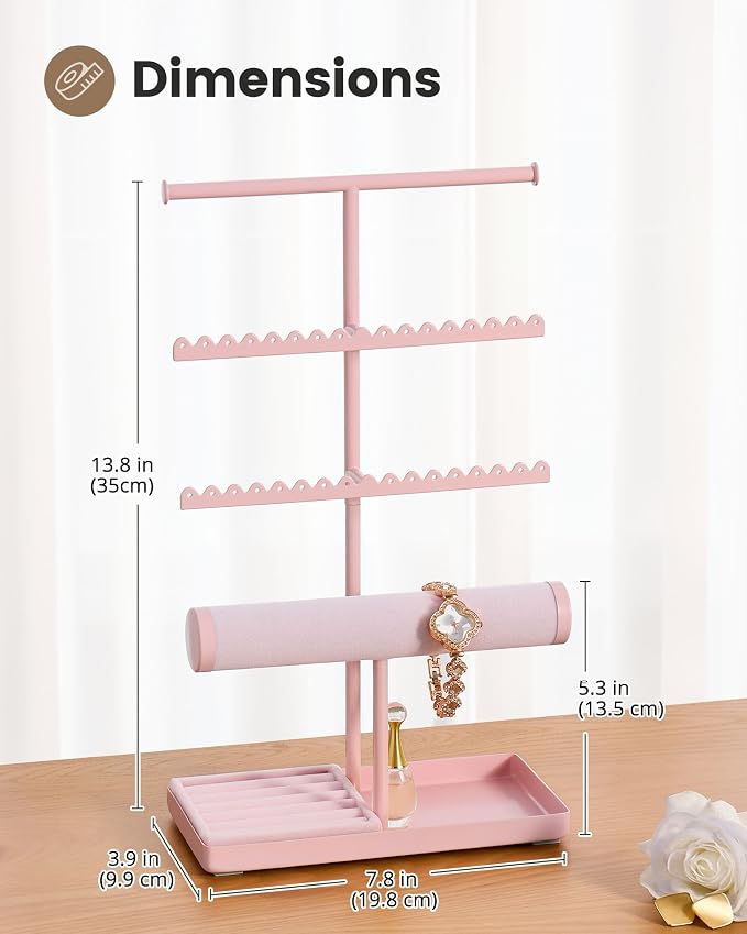 Lolalet Jewelry Organizer Stand, Necklace Bracelet Holder -Pink | Space-Saving Jewelry Display Storage Rack on Vanity Dresser for organizing Earrings Bangels Rings