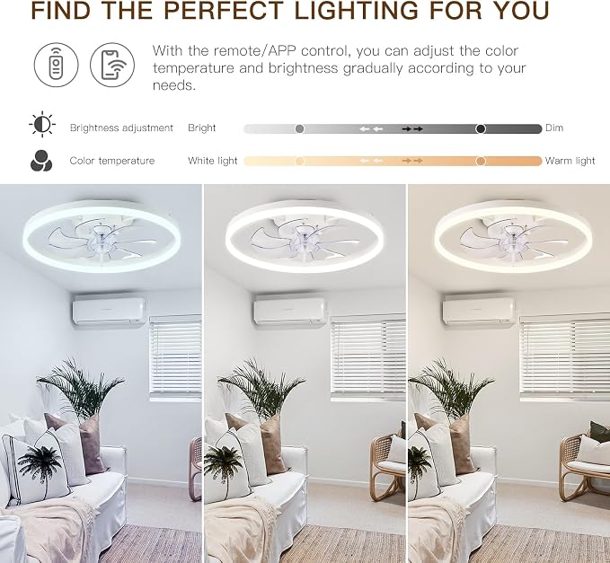 STERREN Ceiling Fans with Lights,20" Low Profile Ceiling Fan with Remote Control, Modern Flush Mount Ceiling Fan,White Fan Light for Bedroom, Living Room,Kitchen,Small LED Ceiling Light Fixture