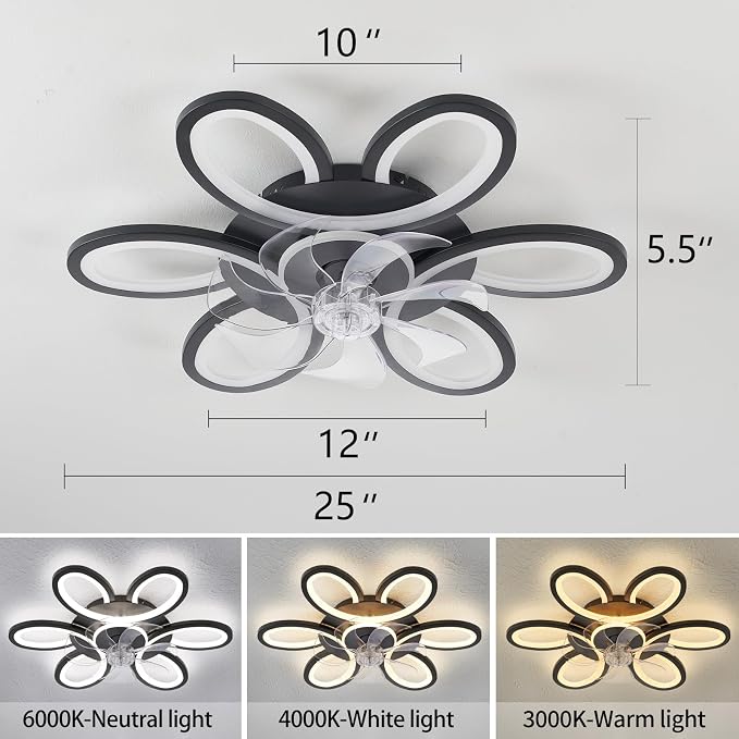 Black-Star Ring Ceiling Fans with Lights and Remote, 27 Inch Modern Low Profile Flush Mount Ceiling Fan, Dimmable LED Ceiling Light Fixture, Small Ceiling Fans for Bedroom, Kitchen, Indoor-Black