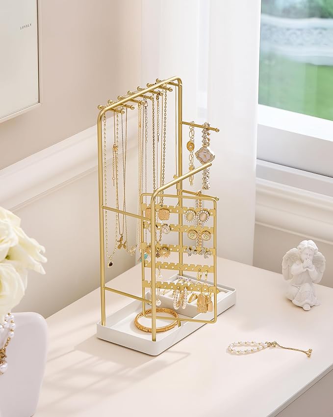 ProCase Jewelry Stand Holder Organizer and Storage, Gold (No-Assembly) | Rotating Earring Bracelet Holder Storage, Hanging Jewelry Display Velvet Ring Tray, Teen Girls Birthday Gifts Room Dorm Decor