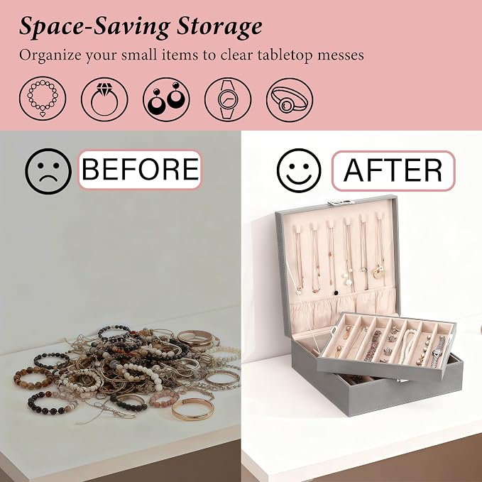 BEWISHOME Jewelry Box Organizer, 2-Layer Necklace Organizer Box, Modern Style Necklace And Bracelet Storage Case, Necklace Case for Women, Girls Mothers Day (Grey SSH31H)