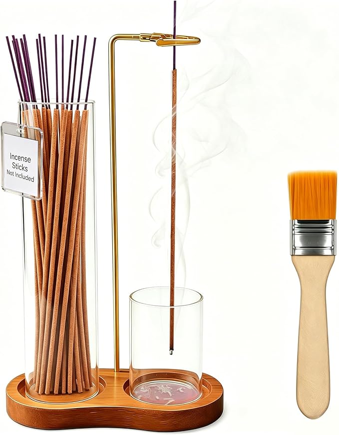 Anti Ash Incense Holder with Glass Ash Catcher, Vertical No Mess Incense Burner for Stick, Wooden Modern Design for Meditation Yoga Home Decor(Incense Sticks Not Included)