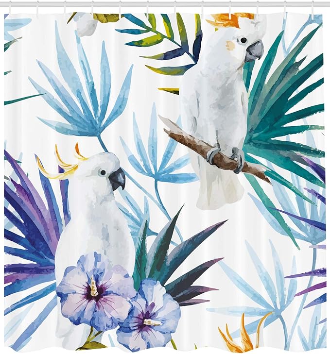 Ambesonne Tropical Shower Curtain, Watercolor White Parrot Birds on Palm Tree Branches Leaves Exotic Nature Art, Cloth Fabric Bathroom Decor Set with Hooks, 69" W x 70" L, Purple Green