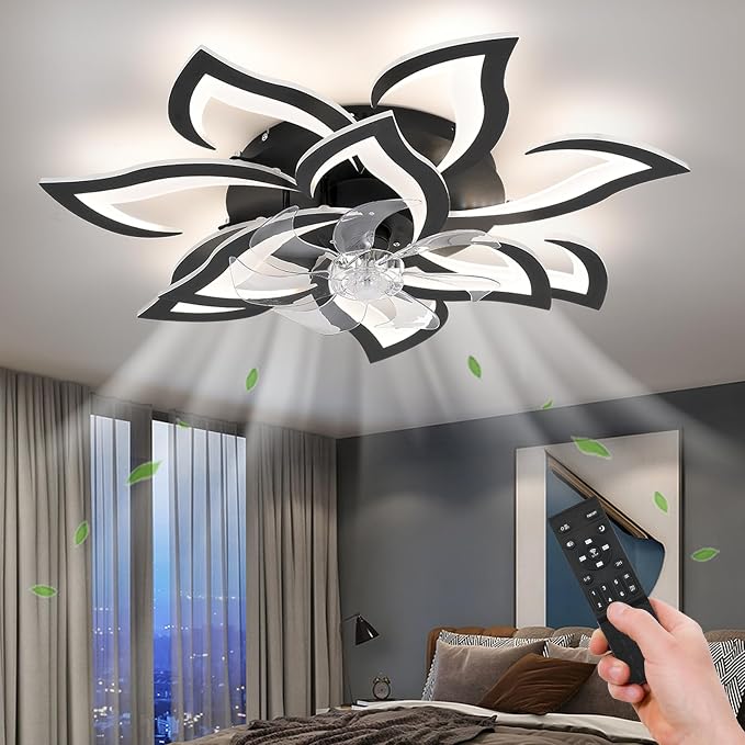 32" Black Flower Ceiling Fan with Light Remote Control, Low Profile Flush Mount Ceiling Fan for Kitchen Bedroom Living Room