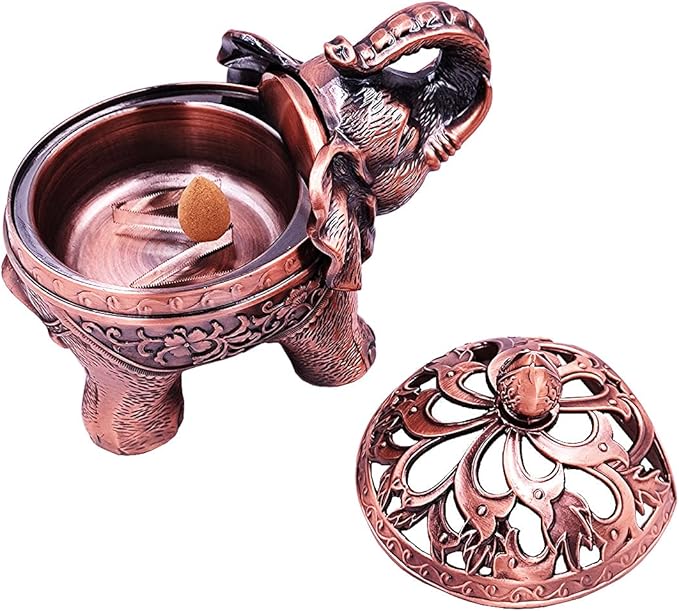 Hourwof Metal Elephant Incense Holder,Vintage Cone Coil Incense Burner with Lid,Ash Catcher,Aromatherapy Ornament Home Office Decor,Red Copper