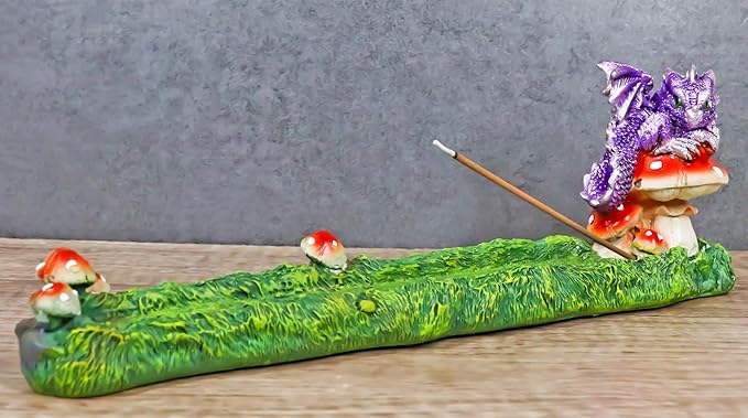 Ebros Gift Purple Baby Hatchling Dragon Perching On Toadstool Mushroom Pasture Greens Incense Burner Holder Figurine 10.25" Long Fantasy Mythical Dungeons and Dragons Home Decorative Accent