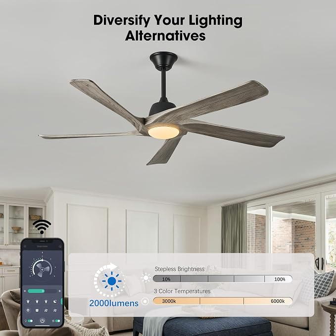 60" Solid Wood Ceiling Fan with Lights, Remote and APP Control, 3-color Dimmable LED, 6-speed Reversible, Modern Ceiling Fans for Bedroom, Living Room, Outdoor/Indoor, Greywood