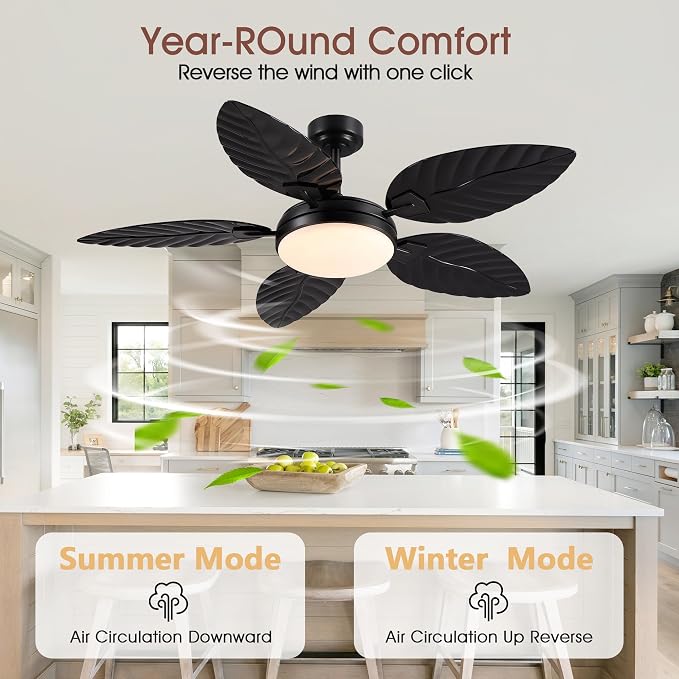 GJeg Tropical Ceiling Fans with Lights and Remote,52Inch Outdoor Palm Leaf Ceiling Fan for Patios Porch Bedroom, Dimmable LED Light, 6 Speeds, Reversible,Black