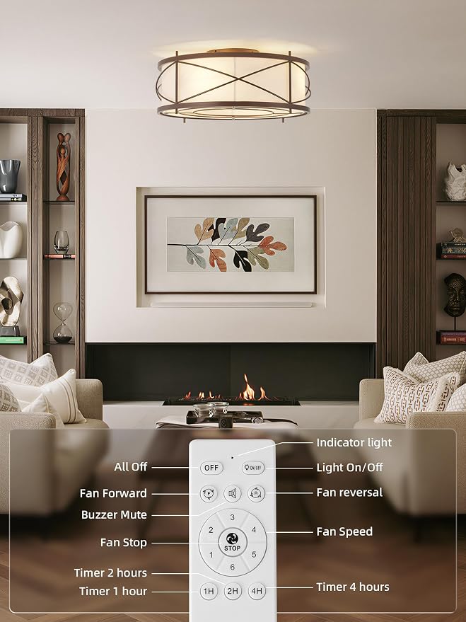 Brown Flush Mount Farmhouse Ceiling Fan with Lights, 20" Caged Rustic Ceiling Fans with Light and Remote, Enclosed with 6 Speeds for Living Room, Bedroom, Nursery