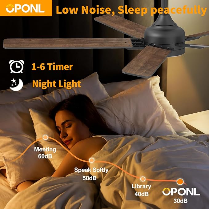 OPONL Ceiling Fan with Light, Ceiling fan with Light and Remote Control, Reversible, 6CCT, Dimmable, Noiseless, Ceiling Fan for Bedroom, Indoor/Outdoor Use, Black, 52 inch, Modern