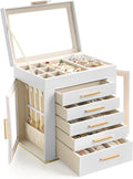Homeanda 6-Layer Jewelry Boxes for Women, Large PU Leather Storage Organizer with 5 Drawers Glass Lid Case for Rings Necklaces Earrings Bracelets Watches, Gift for Wife and Girls (White)