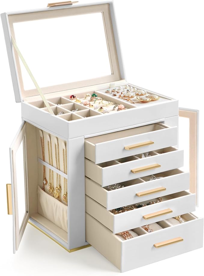 Homeanda 6-Layer Jewelry Boxes for Women, Large PU Leather Storage Organizer with 5 Drawers Glass Lid Case for Rings Necklaces Earrings Bracelets Watches, Gift for Wife and Girls (White)
