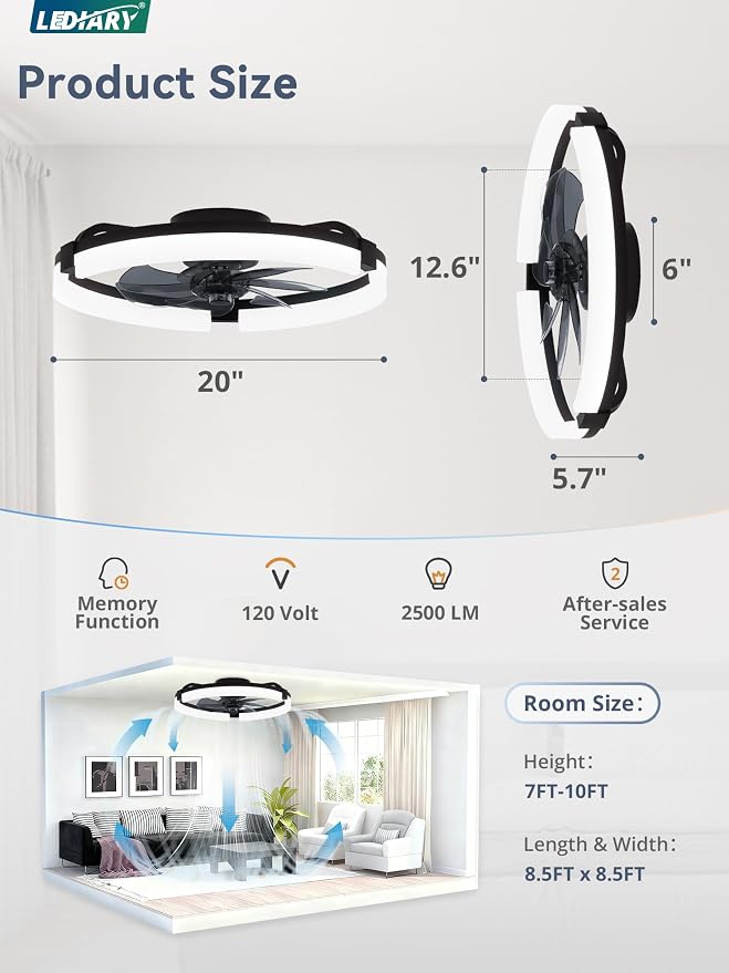LEDIARY 2 Pack 20" Ceiling Fans with Lights and Remote, Low Profile Ceiling Fan, 3 CCT, Stepless Dimmable, Fandelier Flush Mount Fan Light, 6 Speeds, DC Motor, App & Remote Control for Bedroom(Black)