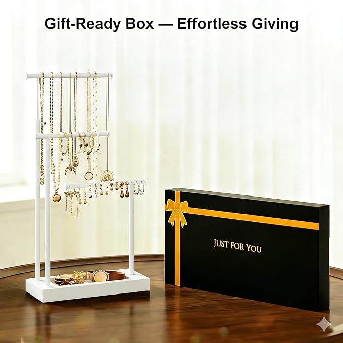 SRIWATANA White Jewelry Organizer Stand, Extra Tall 3-Tier Necklace Holder | Elegant Jewelry Tree with WoodenTray; Ideal to Organize Long Necklaces, Rings, Earrings