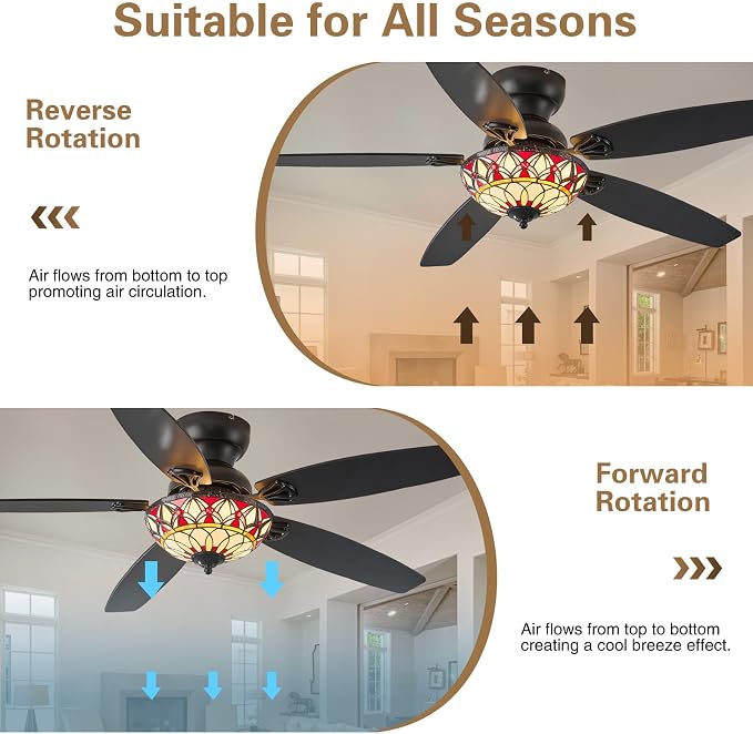 Tiffany Ceiling Fans with Lights - 52" Ceiling Fan Chandelier with 5 Dual-Blades and Glass Shade, 6 Speeds and Reversible, Indoor and Outdoor, Retro Style