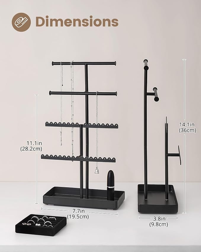 Lolalet 4-Tier Jewelry Organizer Stand, Metal Jewellery Holder, Dresser Display Rack for Necklace Earring Bracelets Rings, Gift for Women Girls -Black