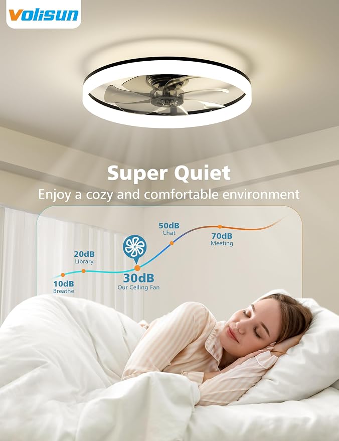 VOLISUN Low Profile Ceiling Fans with Lights and Remote, 24in Fandelier Ceiling Fan with Light, 3000K-6500K Dimmable Bladeless LED Fan Light, Black Flush Mount Ceiling Fans with Lights for Bedroom