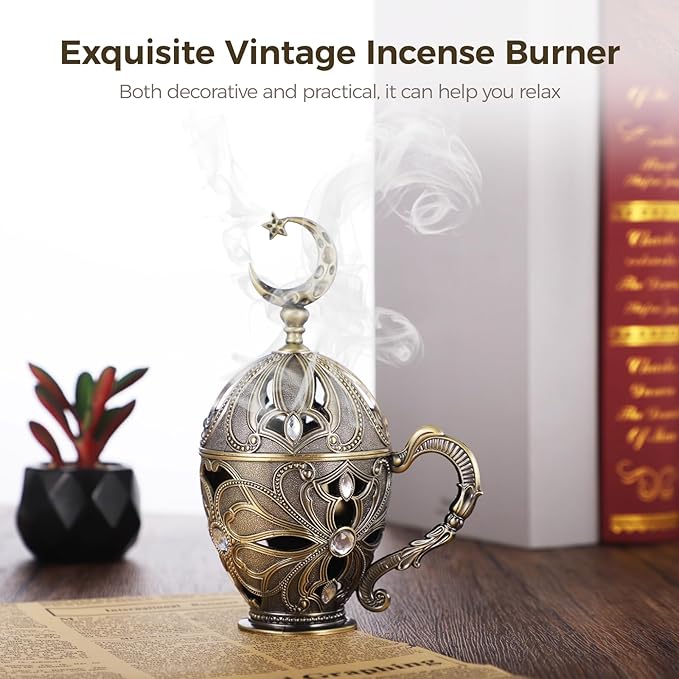 Frankincense Resin Incense Burner, Vintage Cone Incense Burner, Zinc Alloy Charcoal Incense Burner with Handle, Antique Bakhoor Incense Holder Decor for Home, Yoga, Meditation
