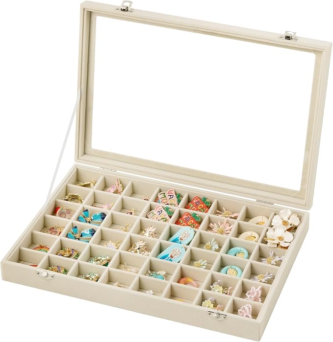 Frebeauty 48 Grid Earring Organizer,Velvet Jewelry Tray with Clear Lid | Drawer Jewelry Organizer for Rings Studs Beads,Adjustable Dividers,Dustproof,Earring Storage,Trinket Box,13.8×9.5Inches